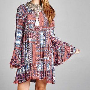 Blue & Red Patchwork Bell-Sleeve Dress